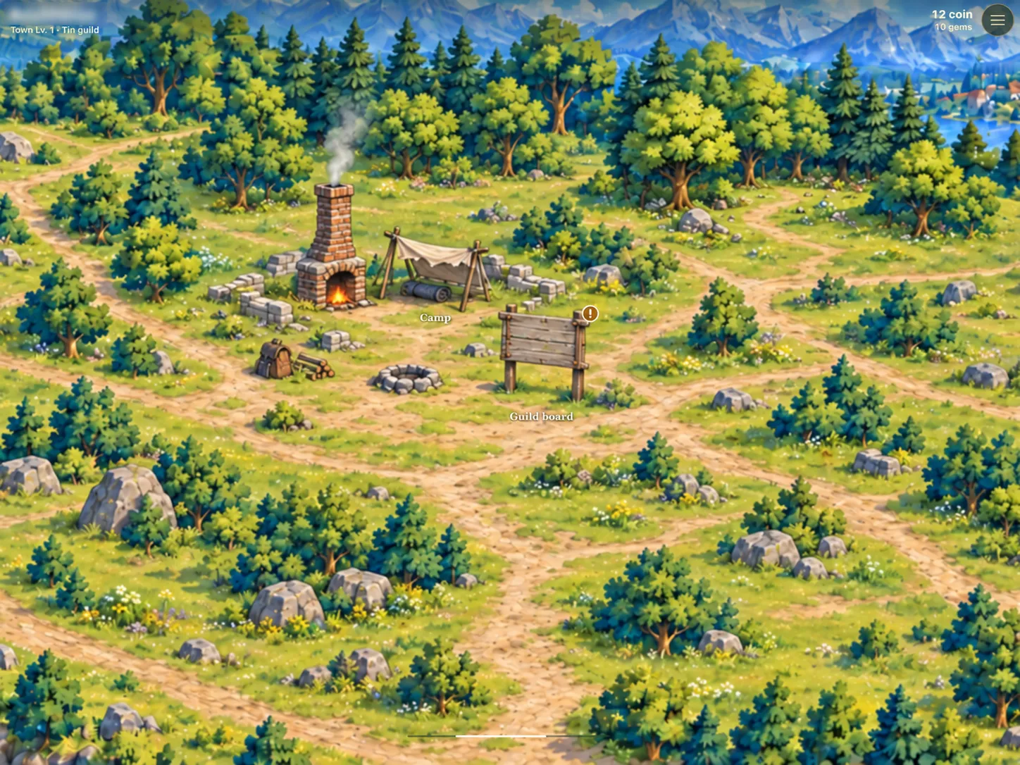 IdleRPG running in landscape on an iPad simulator, with a woodland camp and guild board. The unreleased product name is obscured.