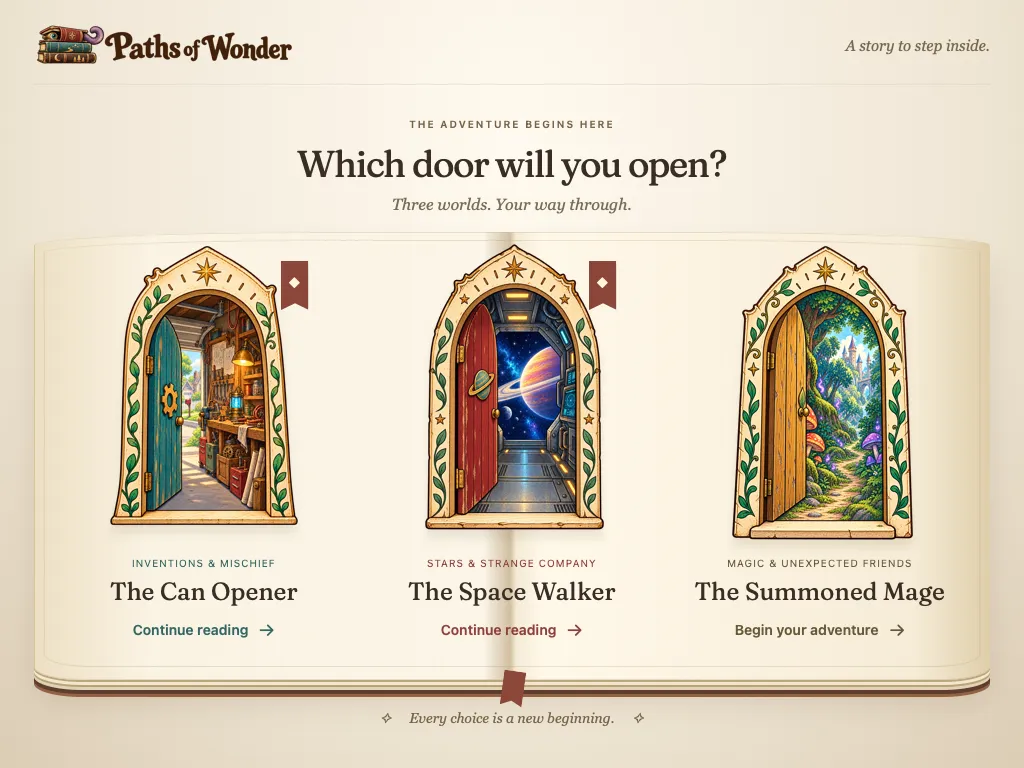 Paths of Wonder library interface study, showing three illustrated doors in an open book.