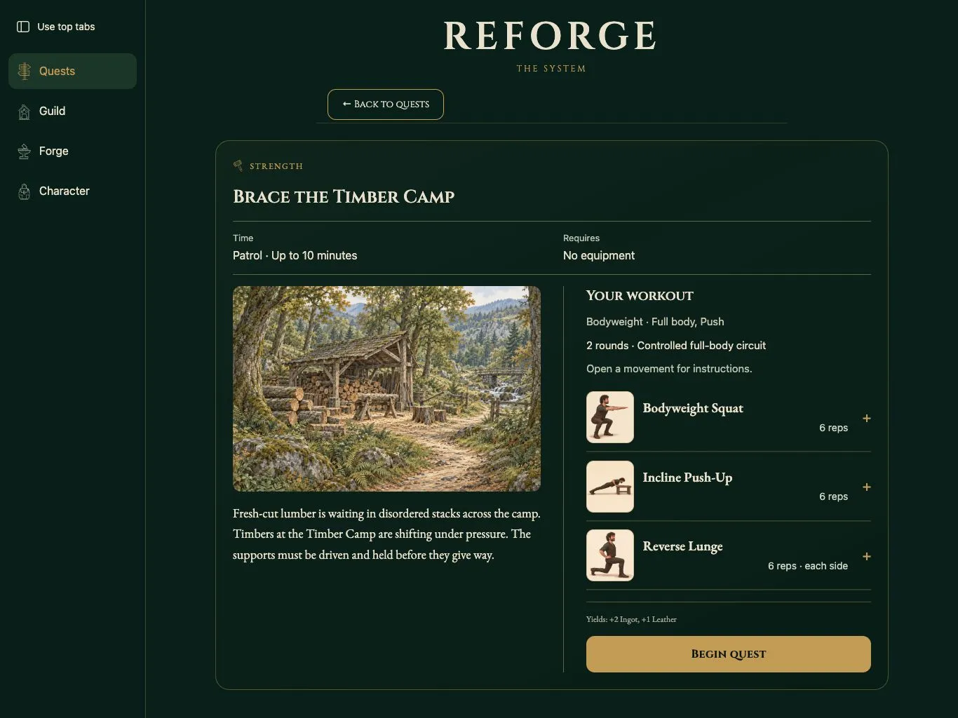 Reforge in a landscape tablet layout, showing a Timber Camp quest beside illustrated workout guidance.