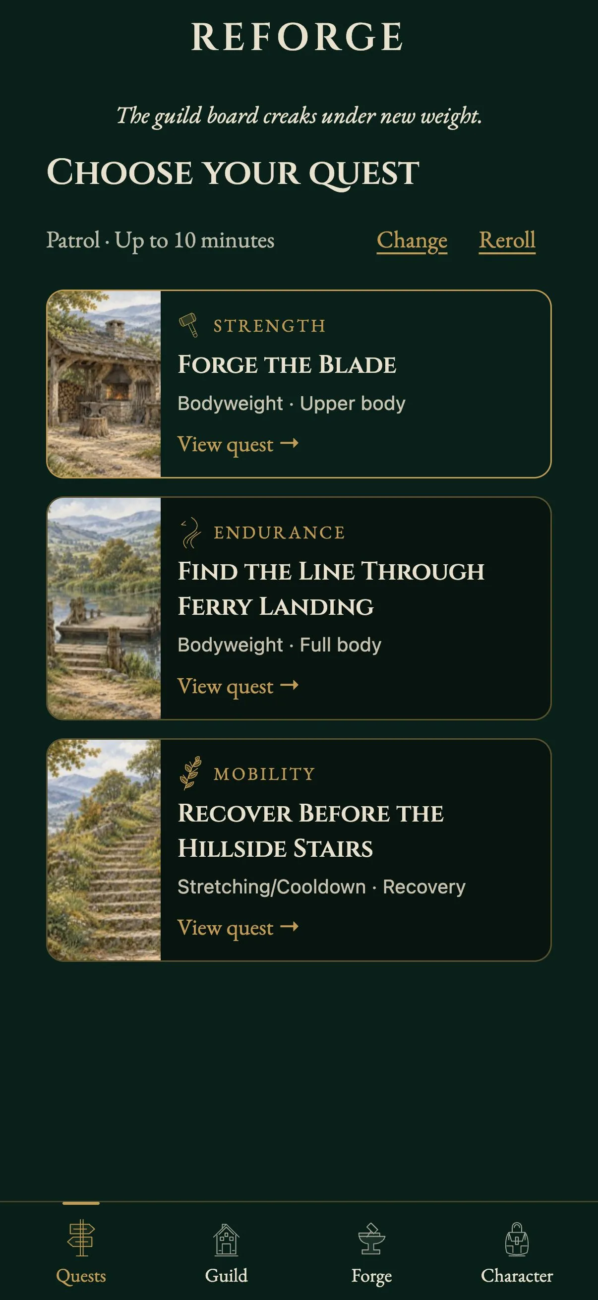 Reforge quest selection with strength, endurance, and mobility choices.
