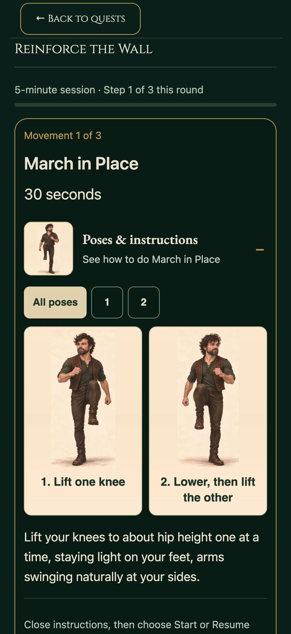 Reforge’s workout screen with expanded March in Place movement guidance.